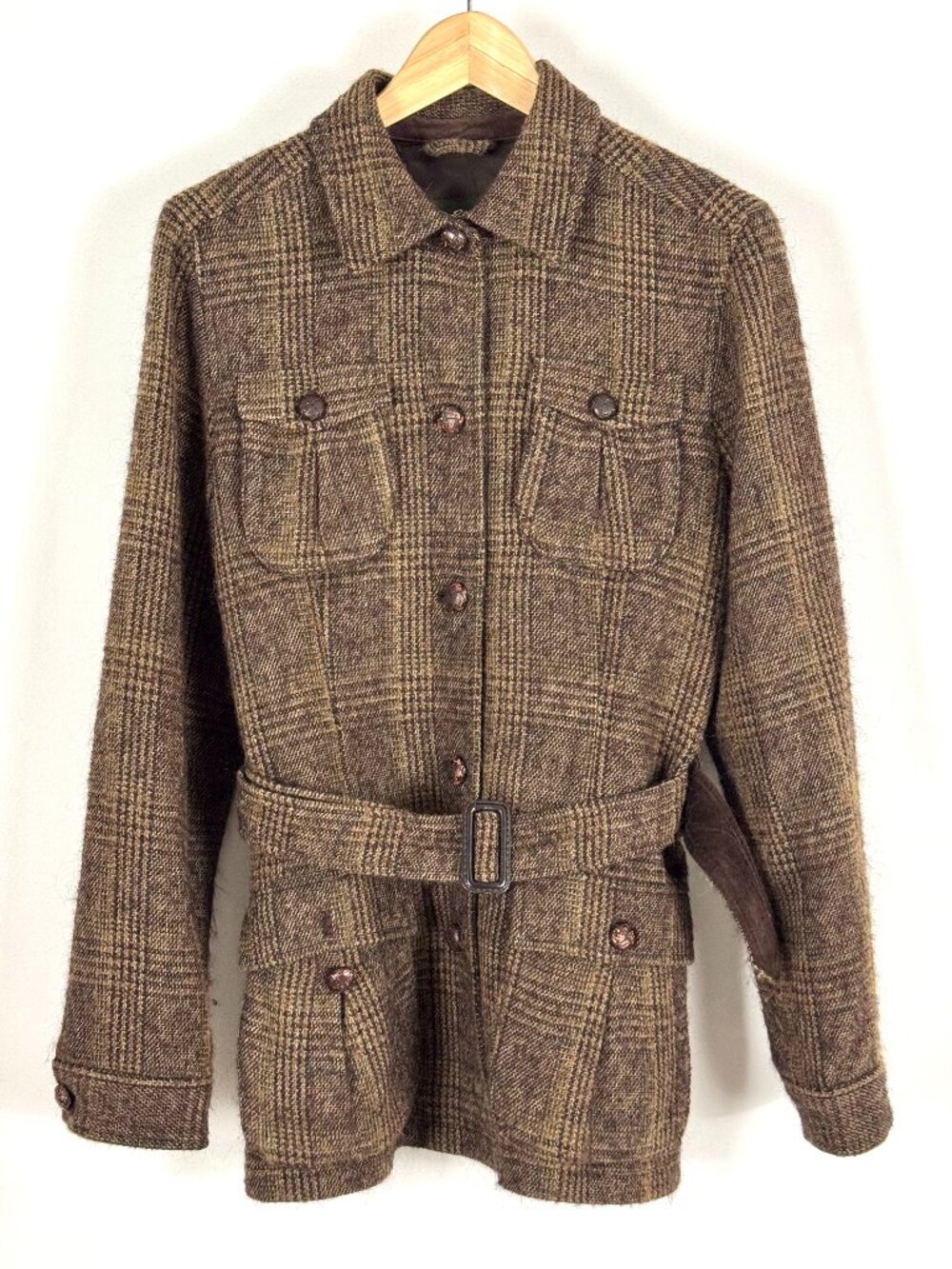 Eddie Bauer Women Brown Plaid Wool Mohair Utility Jacket Belted Hunting Outdoors